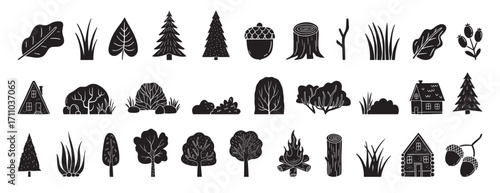 Scandinavian boho forest silhouette isolated elements. mystical and elegant collection various plants forest. Trees, bush, grass, logs, leaves