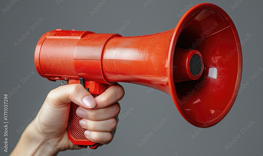 Fototapeta premium A hand holding a red megaphone against a gray background