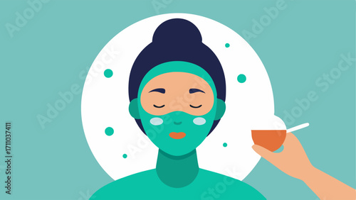 Face Mask Application A depiction of a soothing face mask infused with exosomes being applied to a models face symbolizing a calming treatment for discoloration.