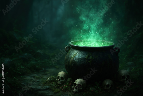 Ancient witch cauldron with glowing fire and magical mist in haunted forest under full moon
