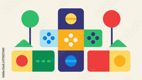 ColorCoded Game Elements A set of game pieces and their corresponding slots on the game board all colorcoded and designed with tactile elements for easy differentiation.