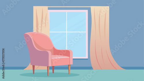 A light pink armchair next to a window with a curtain blowing in the breeze.