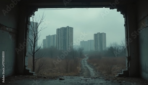View from ruined building at desolate city with tall apartment blocks under grey sky. Overgrown nature reclaims abandoned urban area. Path leads through empty wasteland.