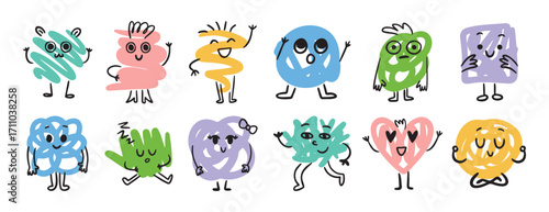 Abstract funny scribble characters different emotions and faces. Cute doodle hand drawn characters set.