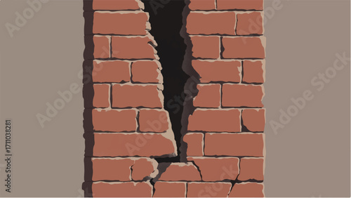 Brick wall background with a large crack. Cracked Brick wall. Damaged Wall Background. Vector illustration.