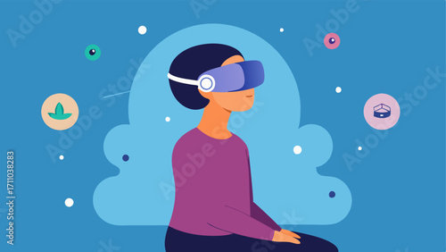 Floating in Clouds A patient in a cozy chair with a VR headset immersed in a dreamlike scene of floating a soft fluffy clouds and a bright sunny sky.