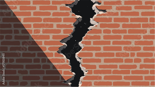 Brick wall background with a large crack. Cracked Brick wall. Damaged Wall Background. Vector illustration.