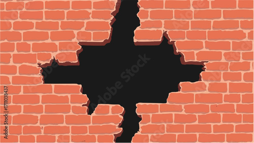 Brick wall background with a large crack. Cracked Brick wall. Damaged Wall Background. Vector illustration.