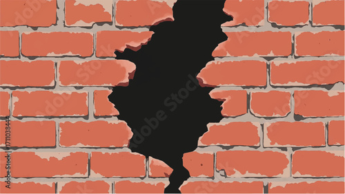 Brick wall background with a large crack. Cracked Brick wall. Damaged Wall Background. Vector illustration.