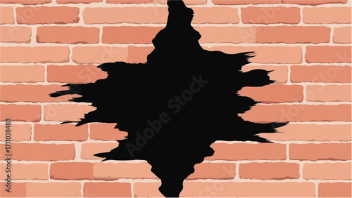 Brick wall background with a large crack. Cracked Brick wall. Damaged Wall Background. Vector illustration.