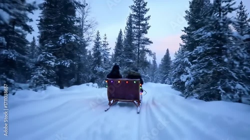 A romantic couple enjoys a magical sleigh ride through a snow-covered pine forest at twilight