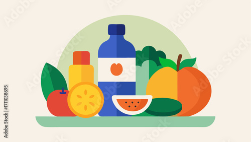 Balanced Diet Plate A circular plate filled with colorful foods like fruits and vegetables with a bottle of longevity supplements resting beside it promoting a holistic approach to