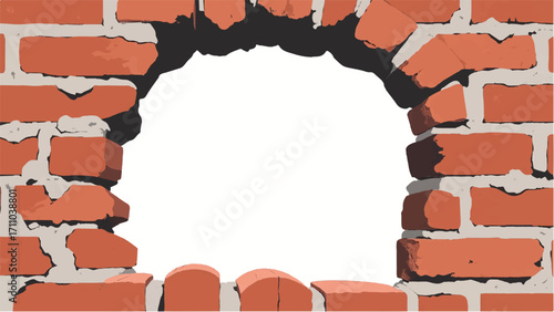 Broken Brick wall with white hole. A brick wall with a large hole in the center. Vector Illustration.