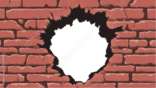 Broken Brick wall with white Hole. A Brick wall with a large hole in the center. Vector Illustration.