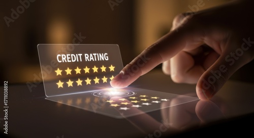 Digital credit rating system with stars displayed on a transparent screen, finger pointing to assess financial score