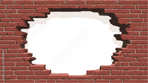 Broken Brick wall with white hole. A brick wall with a large hole in the center. Vector Illustration.