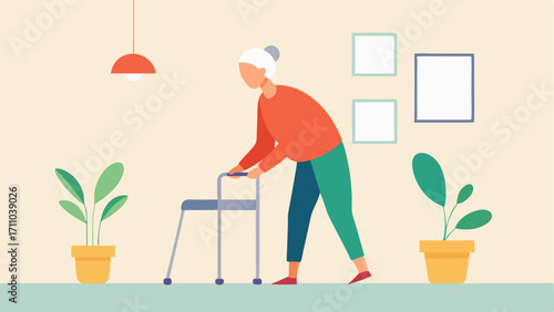 Exercise with Walker An active senior performing gentle stretches using a walker for balance in a bright living room filled with houseplants.