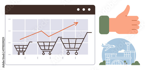 Graph of shopping carts increasing with upward trend line, thumbs-up hand gesture, airport and airplane in background. Ideal for e-commerce, market, growth, travel, progress, approval analysis