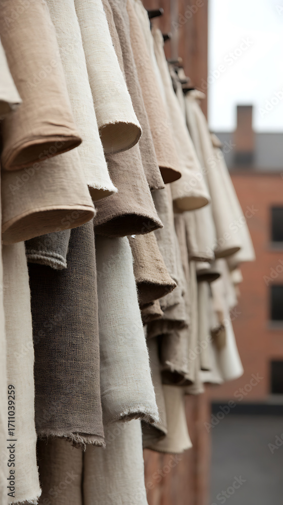 Obraz premium Neutral fabrics hang in a row, displaying varying shades of beige and brown. The texture is rough and homespun. Building in the distance.
