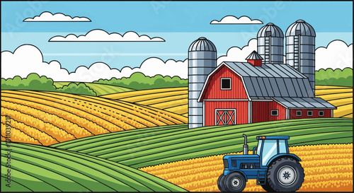 A serene farm landscape with a vibrant blue tractor, red barn and golden fields under a cloudy sky