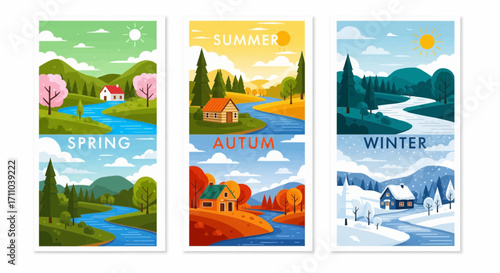 Vector illustration set showcasing the changing cycle of the four seasons in a rural countryside scene with a house and a flowing river