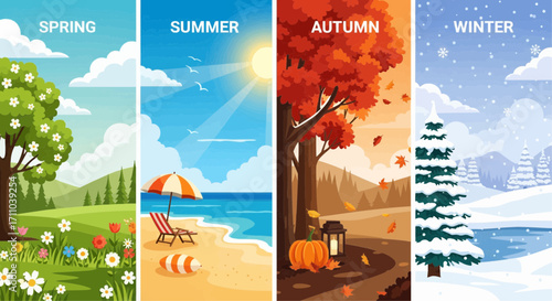 Four Seasons in Cartoon Spring, Summer, Autumn, and Winter Scenes Displayed in a Row