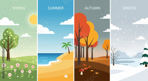 A comprehensive vector illustration set showcasing the four distinct seasons of the year. Each panel depicts a unique landscape for spring, summer, autumn, and winter