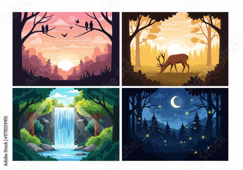 Collection of four stunning vector illustrations capturing diverse forest landscapes at different times of day, from a serene sunrise to a magical starry night