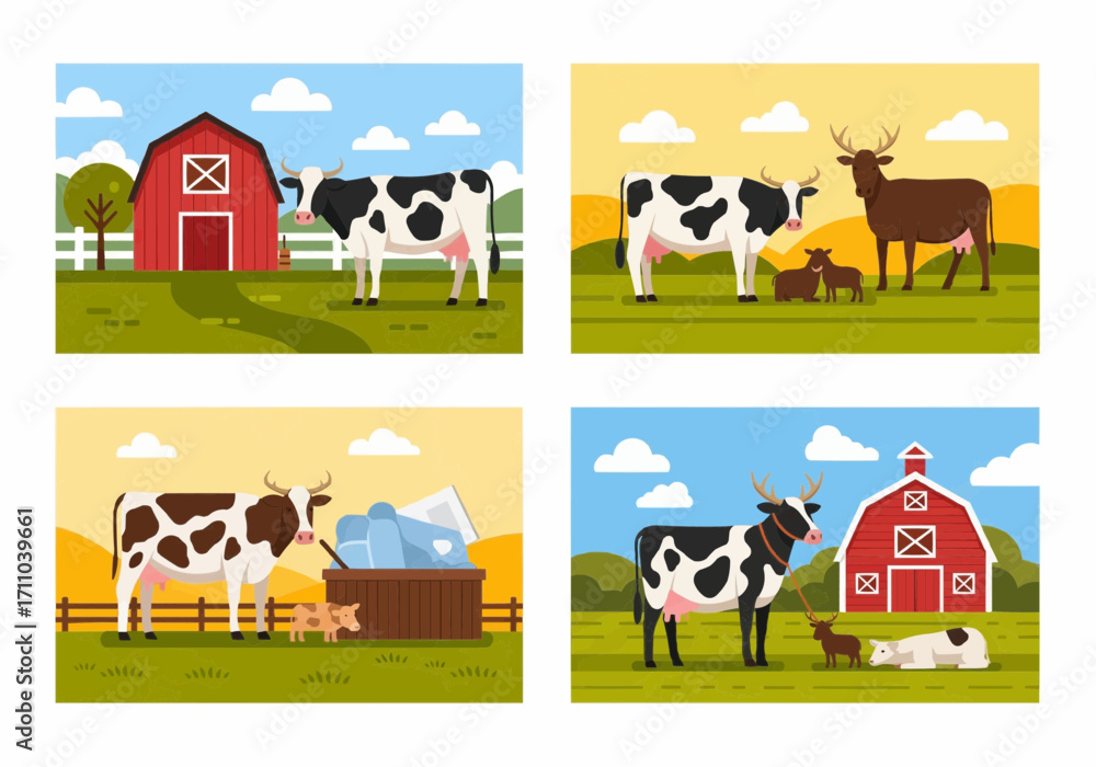 Vibrant illustrations of serene farm life, showcasing dairy cows, calves, and farm animals grazing in green pastures with rustic barns under sunny skies, depicting agricultural charm Vibrant illustrations of serene farm life, showcasing dairy cows, calves, and farm animals grazing in green pastures with rustic barns under sunny skies, depicting agricultural charm