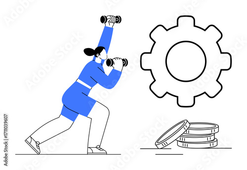 Woman lifting dumbbells in workout clothes next to abstract gear and coins. Ideal for fitness, self-improvement, productivity, financial growth, time management, determination, perseverance. Simple