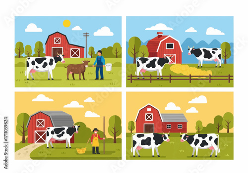 Farm life with cows and farmers during day on countryside with barns and green grass