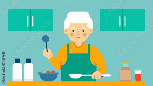 Adaptive Kitchen Tools An older person in a kitchen using adaptive kitchen tools like ergonomic utensils while preparing a meal depicting independence and active living.