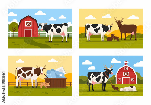 Vibrant illustrations of serene farm life, showcasing dairy cows, calves, and farm animals grazing in green pastures with rustic barns under sunny skies, depicting agricultural charm