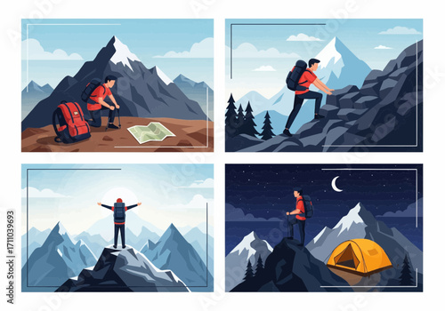 Hiking Journey A Set of Adventurous Mountain Scenes Depicting Exploration and Achievement