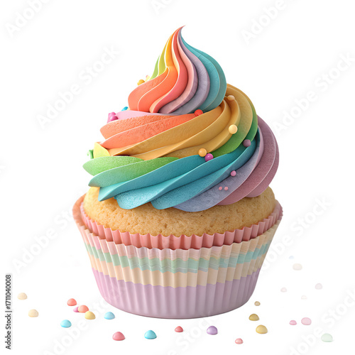 Fluffy 3D Cartoon Cupcake with Rainbow Frosting Isolated on Transparent Background, High-Resolution Rendering
