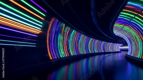 A vibrant tunnel of colorful neon lights creates a dynamic, futuristic atmosphere.