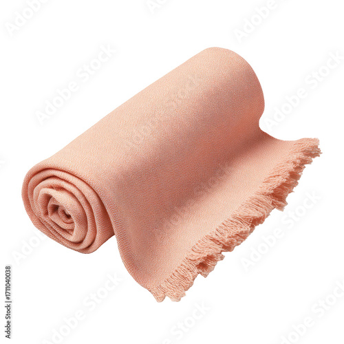 Rolled pale peach blanket with fringed edge