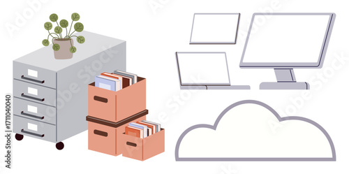 Office filing cabinet with books and boxes, desktop monitor, laptop, tablet, cloud element. Ideal for office management, hybrid work, remote data access, organization technology digital
