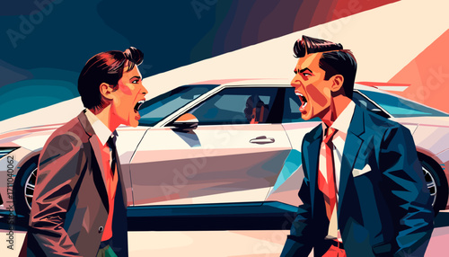 Businessman and businesswoman angrily shouting near a car against a plain background