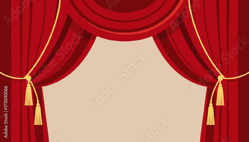 Red stage curtains with gold tassels cartoonish style in red and beige for theatre performance with copy space