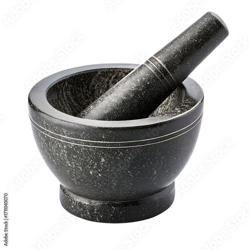 Minimalist Black Stone Mortar and Pestle on Transparent Background, High-Resolution Product Photo
