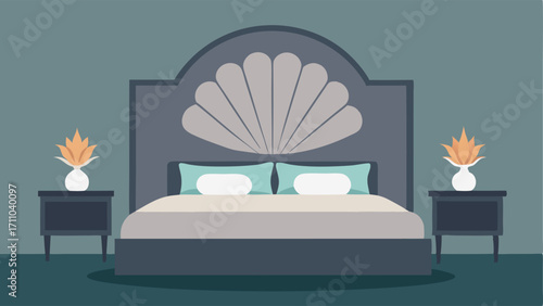 A guest room with a gray upholstered headboard and a seashell themed wall art.
