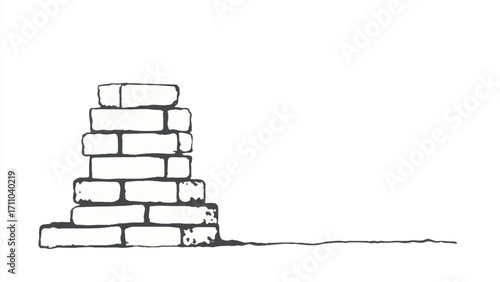 A black and white, hand-drawn illustration of a stack of bricks on a white background. Brick wall. A stack of bricks.	