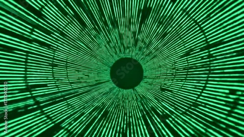 Intricate, radiating green lines converge to a central point in a tunnel-like effect.