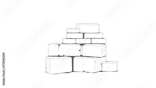 A black and white, hand-drawn illustration of a stack of bricks on a white background. Brick wall. A stack of bricks.	