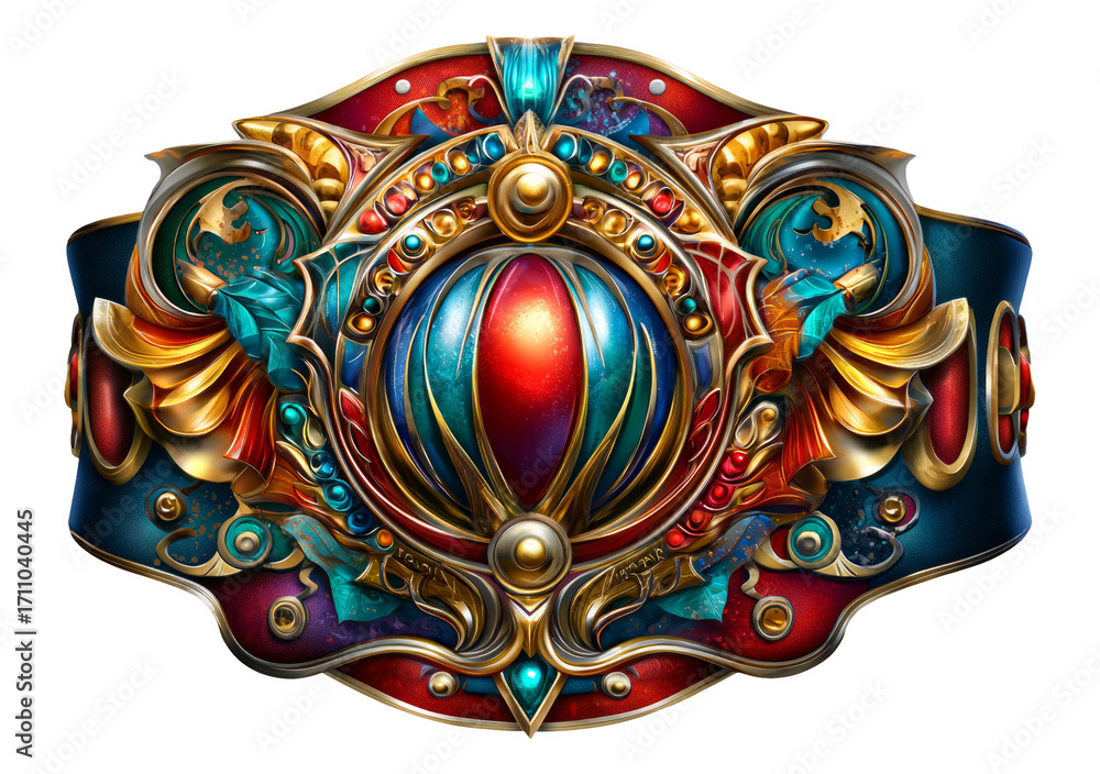 Fototapeta premium Colorful Ornate Decorative Shield with Gemstones on Isolated Transparent Background