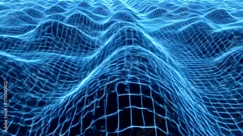 A stylized, abstract digital landscape of undulating, gridded formations.