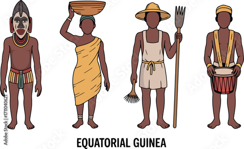 Equatorial Guinea Cultural Attire and Figures Depicting People in Traditional Garments and Tools