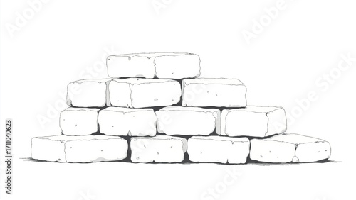 A black and white, hand-drawn illustration of a stack of bricks on a white background. Brick wall. A stack of bricks.	