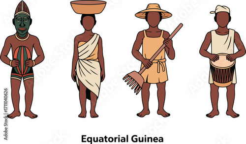 Equatorial Guinea Cultural Figures and Traditional Attire Depicting People in Native Garb and Tools